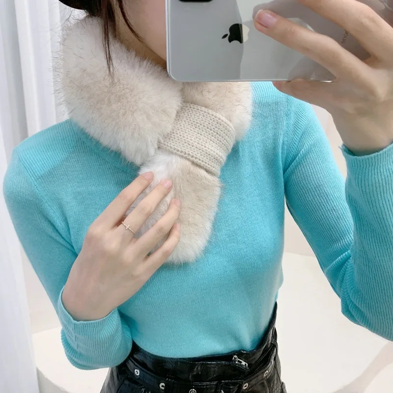 

Korean Cashmere Scarf Women's Autumn And Winter Knitted Single Button Fashion Versatile Thick Warm Rabbit Hair Scarf