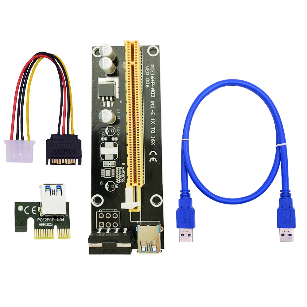 

Райзер QINDIAN VER006 PCI-E, Райзер-карта 006 PCIE 1X до 16X, удлинитель 60 см, USB 3,0, кабель SATA, 4-контактный разъем питания Molex для майнинга