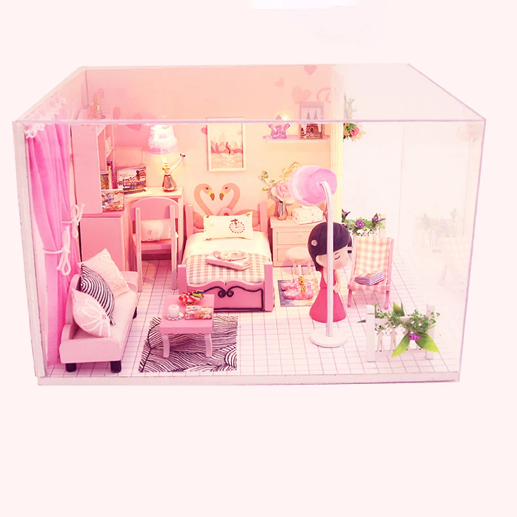 

Dollhouse with Furniture w/ LED Light & Dustproof Case Wood Pink Cottage Creative Room 3D Puzzles Doll House Model Gift