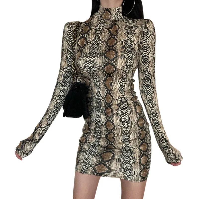 

Snake Print Club Party Sexy Dresses For Women Turtleneck Bodycon DressLong Sleeve Plus Size Vestidos Robe Femme