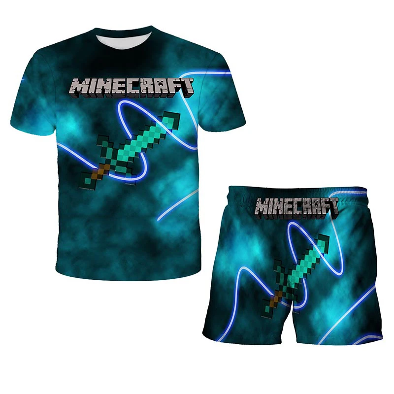 

New gameT-shirt Suits Fashion Boys T Shirt Children Clothing Sets my world T-shirt & Shorts 2 Pieces Sets Girls Boys Clothes