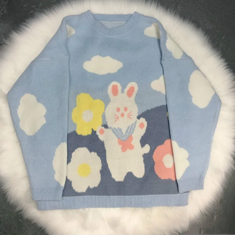 

College Style Student Long-sleeved Sweater Cute Rabbit Knit Sweater Sweet Girl Pullover Sweater