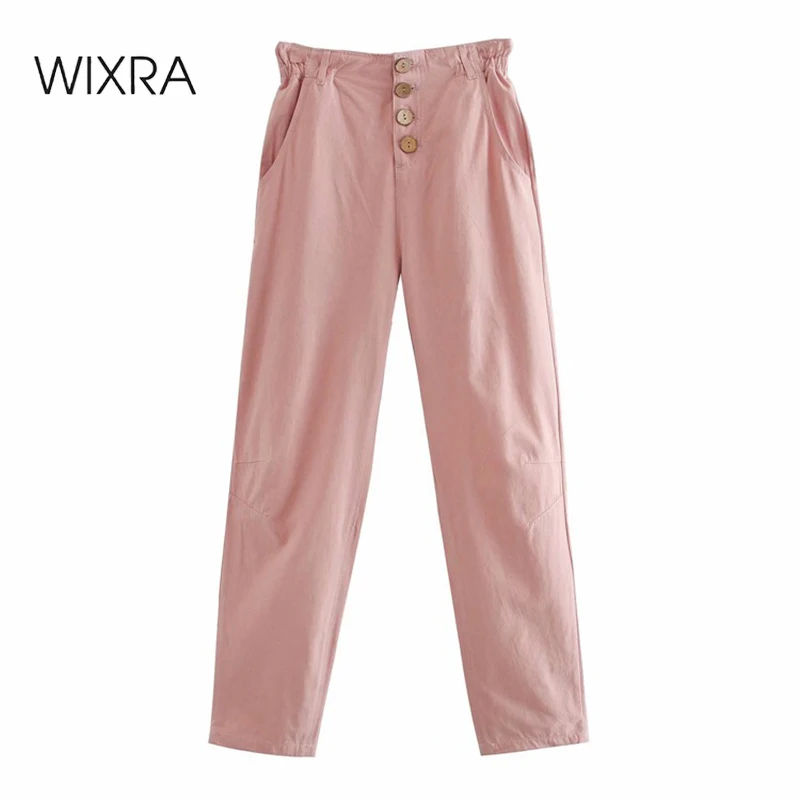 

Wixra Womens Pants Loose Stylish Elastic High Waist Casual Button Solid Long Straight Trousers For Lady 2020 Autumn New