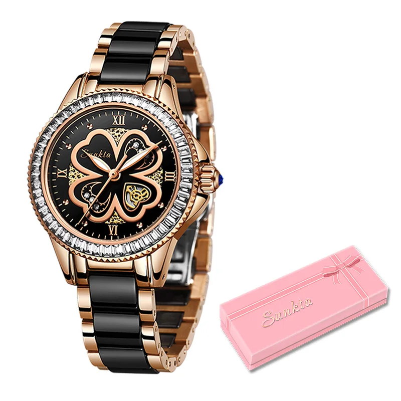 Montre Femme SUNKTA, новые часы из розового золота, женские кварцевые часы, женские роскошные Брендовые женские наручные часы, часы для девочек, подарок для жены+ коробка - Цвет: Rose gold black