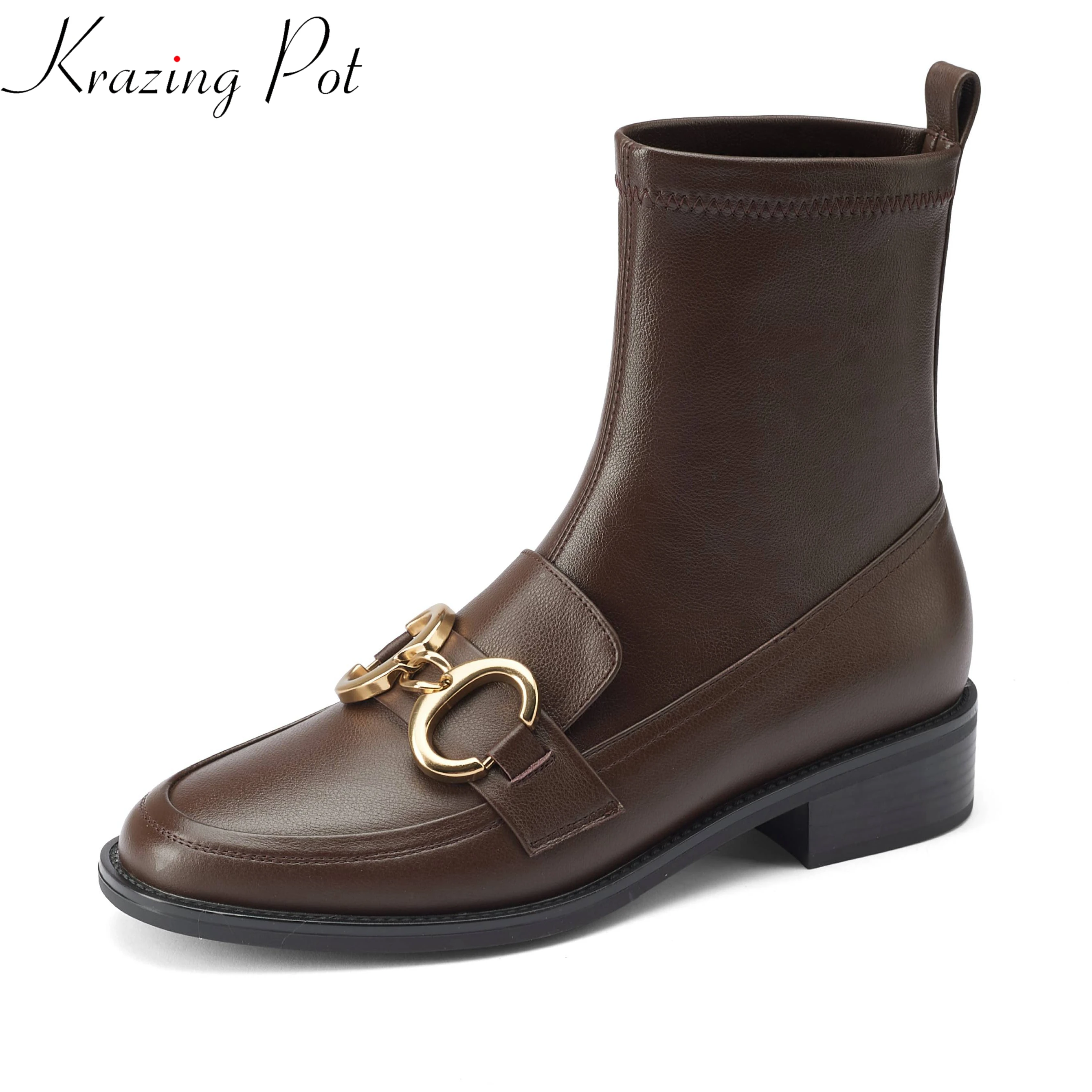 

Krazing Pot cow split leather med heels Chelsea boots round toe winter slip on metal fasteners plus size 43 stretch ankle boots