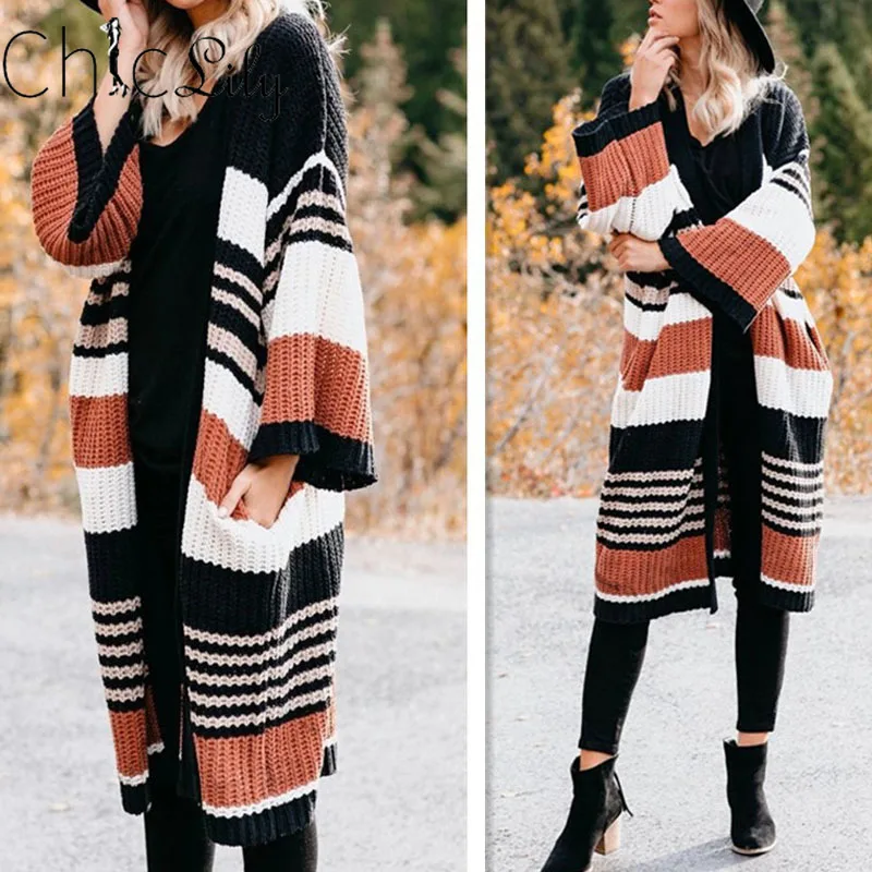 

Chiclily Striped Long Cardigan Women Sweater Autumn Winter Long Sleeve Knitted Color Block Sweater Loose Ladies Tops