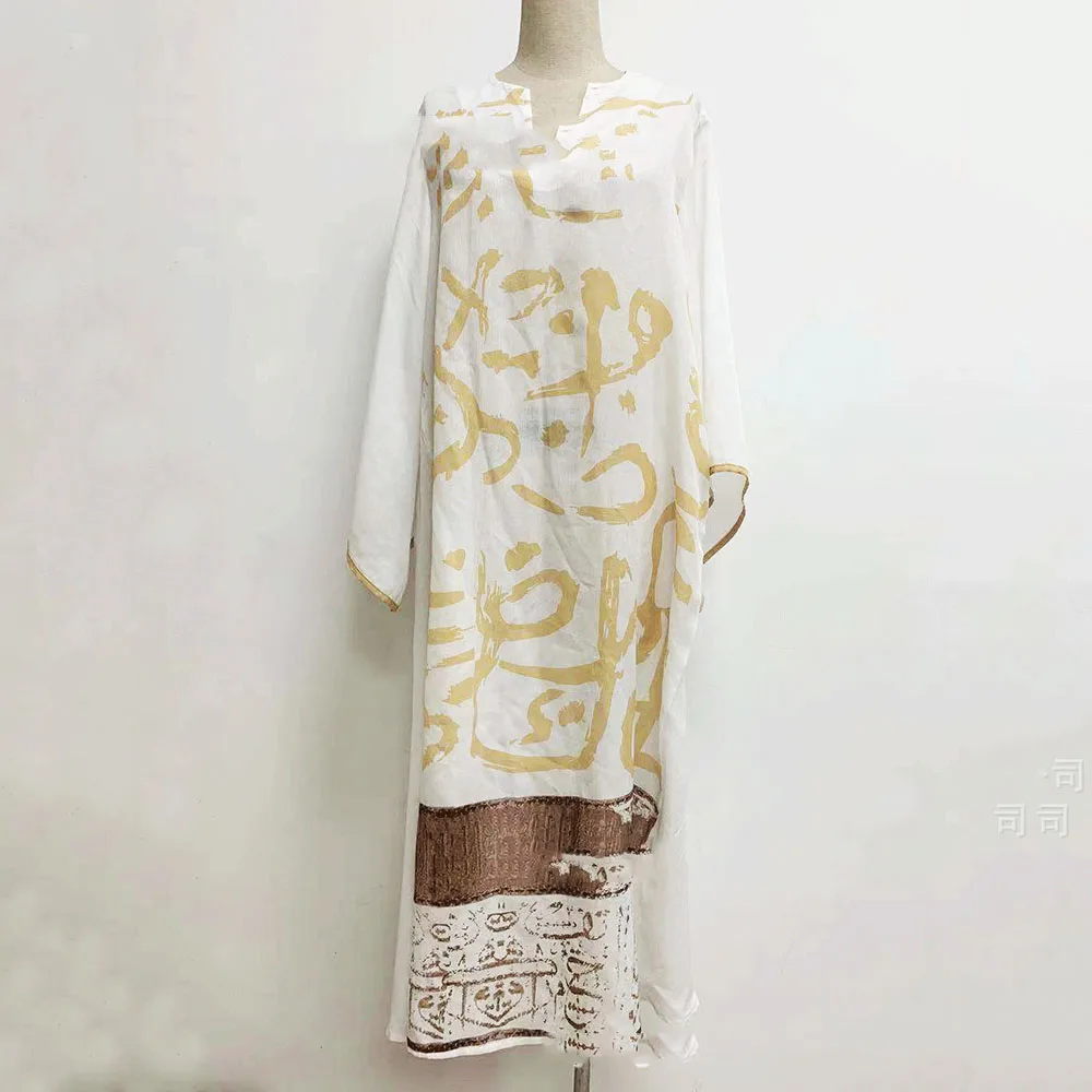 

2021 Summer New Muslim Middle East Splicing Printing Flared Sleeves Split Fork Loose Casual Women's Dress