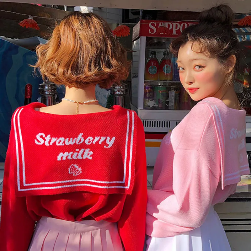 

Japanese Soft Girl Sweater Women Autumn Winter Sailor Collar Letters Strawberry Pattern Jacquard Knitted Sweater Pink Red