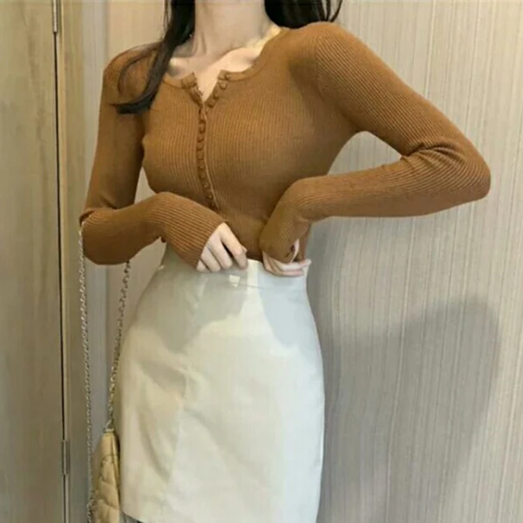 Camel Colorfaith, женский свитер, пуловеры,, Осень-зима, на пуговицах, тонкий, однотонный, корейский стиль, элегантный, повседневный, минималистичный, женский, SW803 - Цвет: Camel