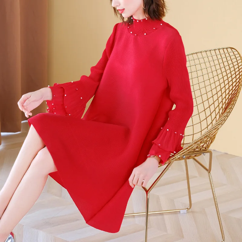 

Temperament Red Dress Autumn 2020 New Women's Loose Big Size Cover Belly Mom A-line Dress
