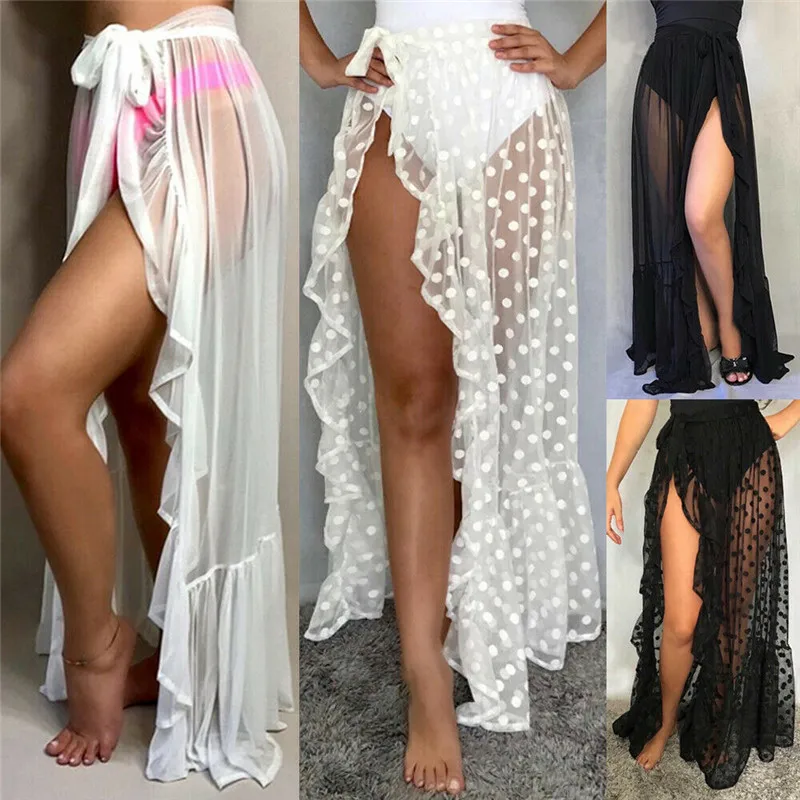 

New Sexy Women 2020 Mesh Sheer Beach Bikini Cover Ups Vacation Sunscreen Wrap Skirt RufflesDot High Waist Split Beachwear