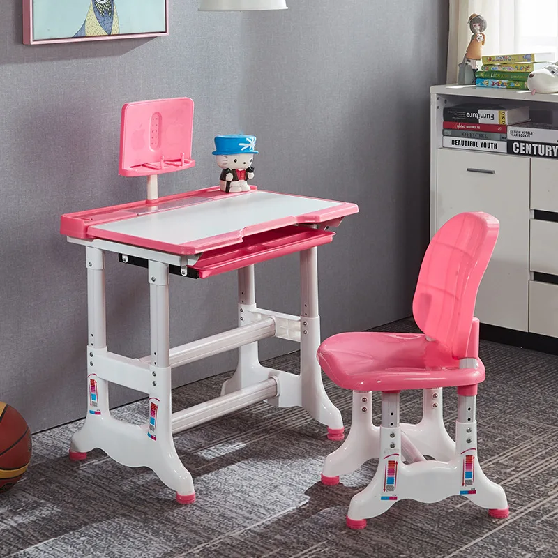 

Child Learning Study Table and Chair Student Kids Desk and Chair Set Pink Height Adjustable Tilt Desktop School Drawing Table