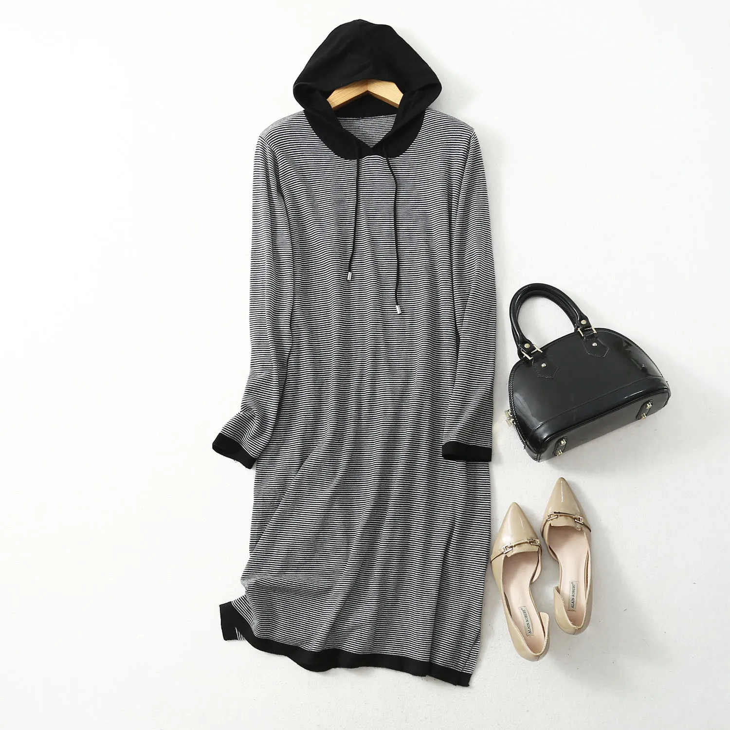 

Women's Natural Silk Cashmere Blend Stripes Hoodie Neck Side Slit Pullover Top Sweater Dress LY011