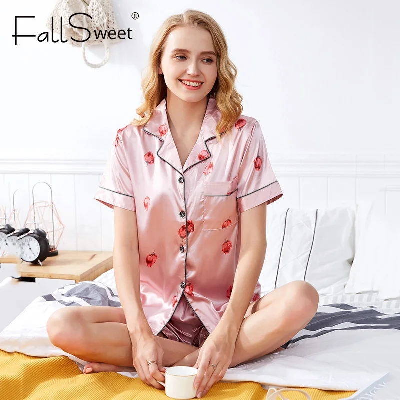 

Женский Шелковый пижамный комплект FallSweet, рубашка с коротким рукавом и принтом клубники, милый Ночной костюм