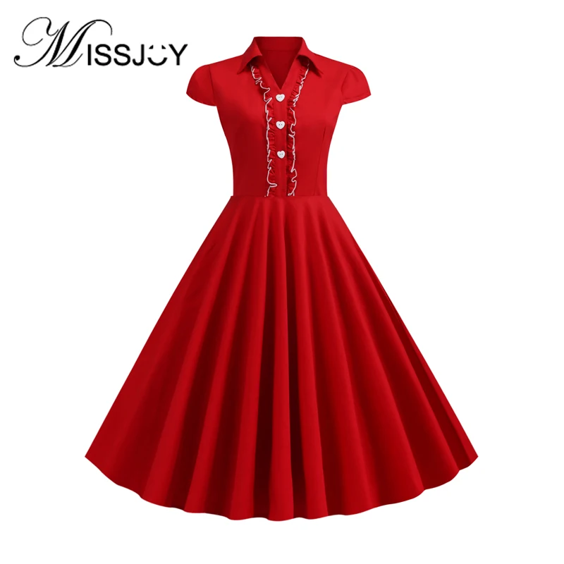 

Женское винтавечерние ное платье MISSJOY, красное хлопковое плиссированное платье до колен, с рукавами-крылышками и V-образным вырезом, лето 2019