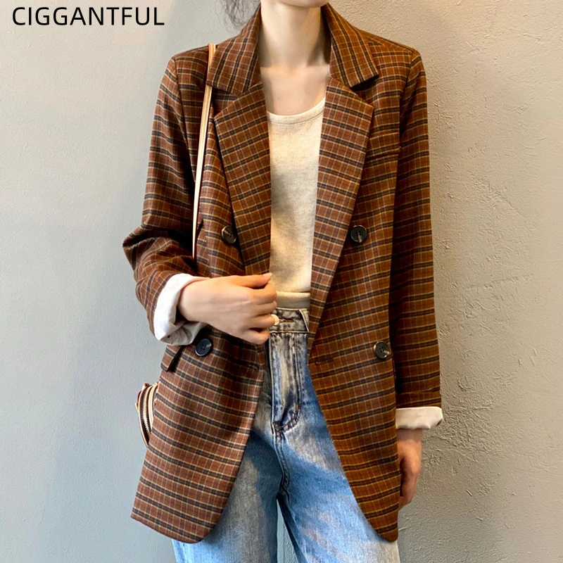 

Plaid Suit Women Spring Autumn New Retro British Casual Long Sleeve Blazer Jacket Ladies Vintage Fashion Double Breasted Coats
