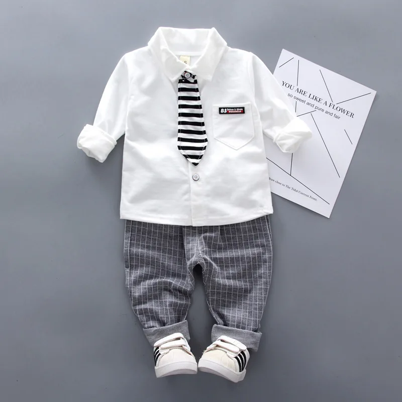 

New Spring Baby Boys Clothing Formal Infant Gentleman Tie Shirt Pants 2Pcs/Sets Kids Clothess Cotton Children Leisure Suits Sets