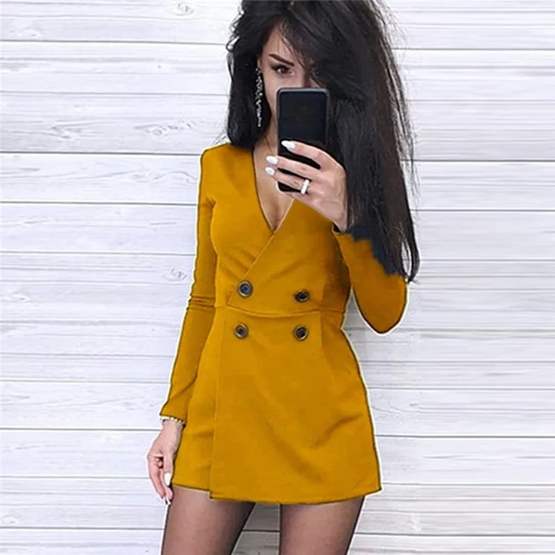 

Chic Women Playsuits Solid Color Long Sleeve V Neck Double-breasted Short Playsuit Jumpsuit Women's Playsuits