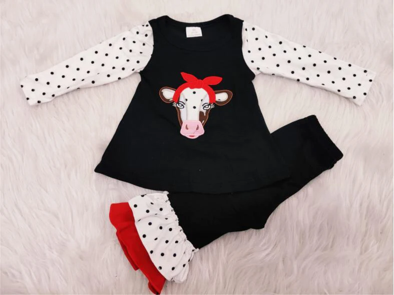 

Cute moody embroidery cow head girl winter long sleeve fashion boutique children girl high quality suit yll