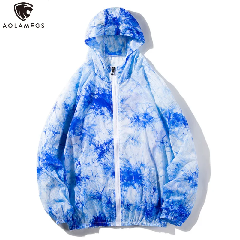 

Aolamegs Tie-dyed Men's Jackets Sun Protection Hoodie Varsity Jacket Women's Windbreaker Summer College Style Couple Casual Coat