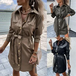 Fashion Mini Dresses PU Leather Bodycon Solid Color Full Sleeve Sexy Dress with Buttons Women Outfits