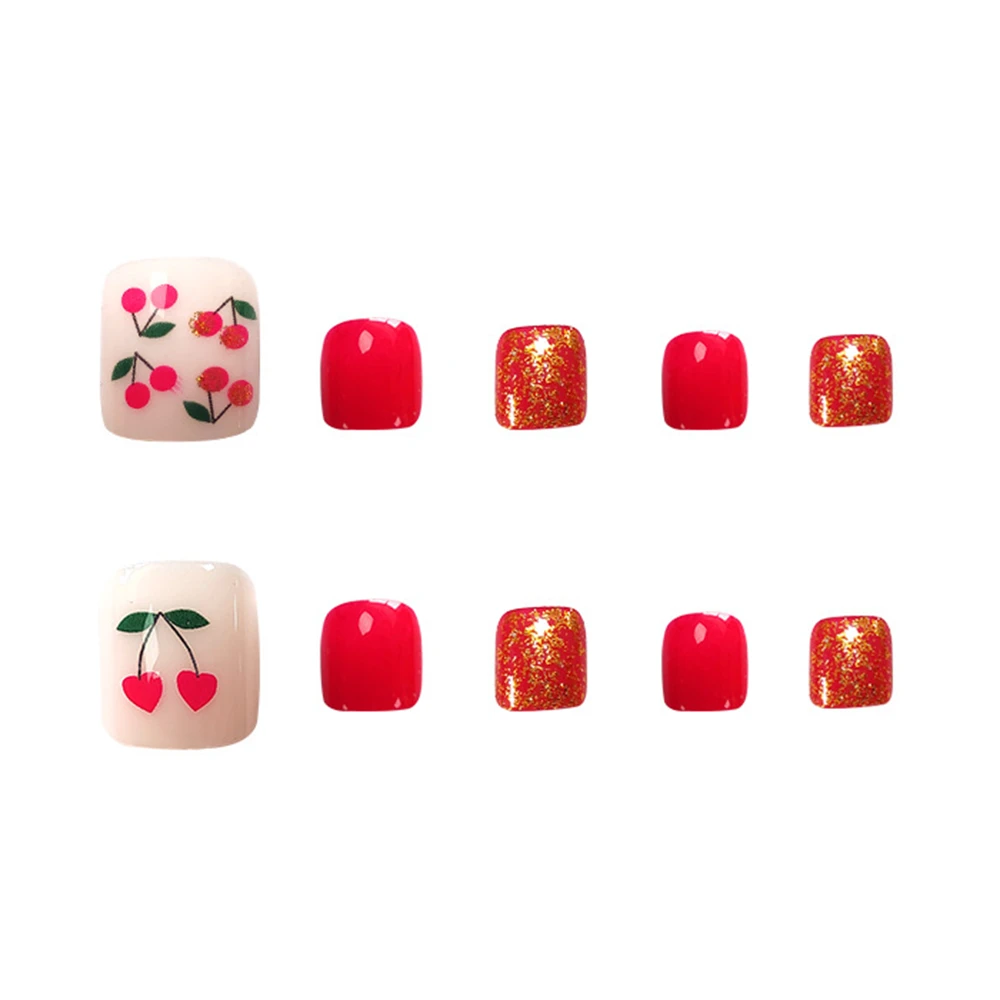 

24Pcs Hot Artificial Fake Toenails Glitter Glod Cherry Lady False Toe Nails With Design DIY Foot Nail Art Tips Manicure Tools