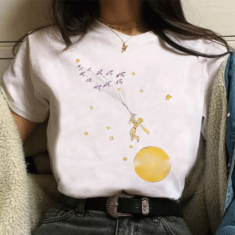 New Earth Space Little Prince Patterned Short Sleeves Fashion Harajuku Kawaii Shirts Cartoon Women Blusas Clothing Streetwear | Женская