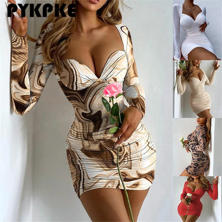 

2021 Print V Neck Women Bodycon Dress Autumn Winter Sexy Long Sleeve Mini Party Dresses For Clothes
