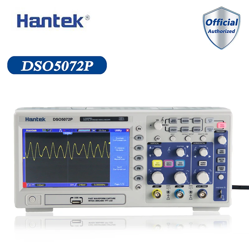 

Цифровой портативный запоминающий осциллограф Hantek DSO5072P, 2 канала, 70 МГц, 1 Гвыб/с, USB-осциллограф
