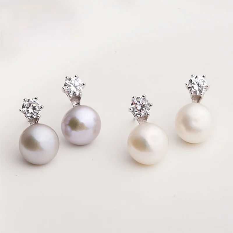 

Freshwater Pearl Stud Earrings For Women Sterling Silver 925 Fine Jewelry Cute Korean Earrings Zirconia Rhinestone Antioxidation