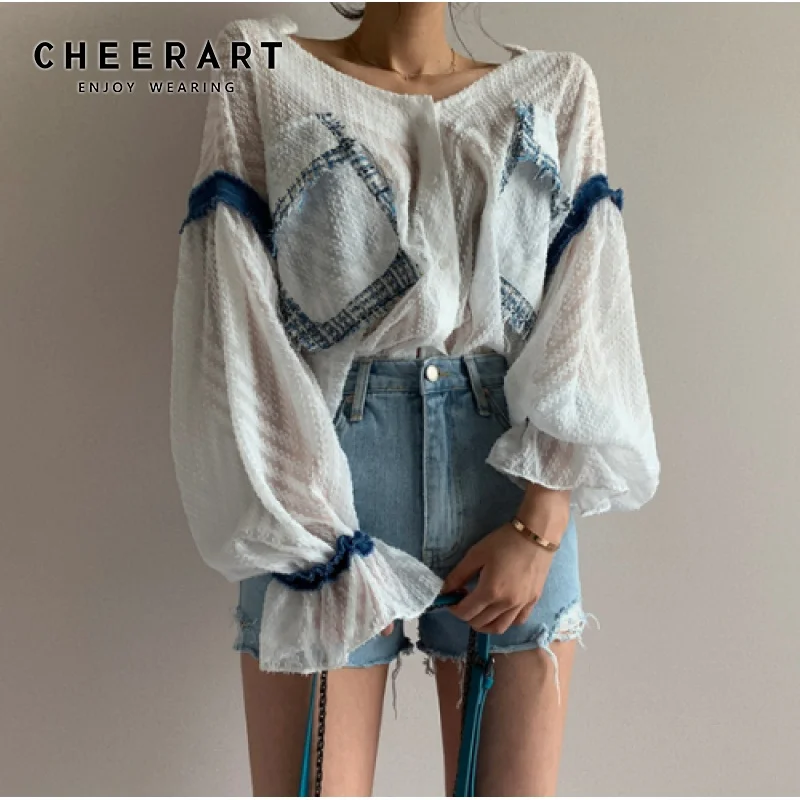 Cheerart/Осенняя блузка с длинными рукавами для женщин Белый Топ свободная
