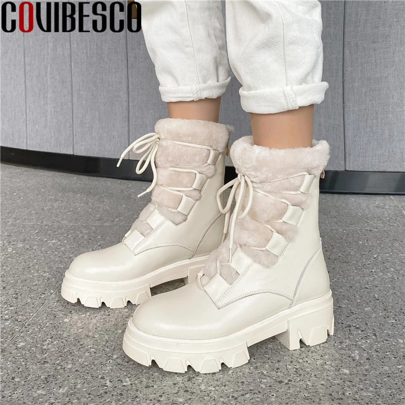 

COVIBESCO Ankle Boots For Women Autumn Winter Warm Platform Shoes Woman Genuine Leather Lace-Up Side Zipper Fashion Casual Boots