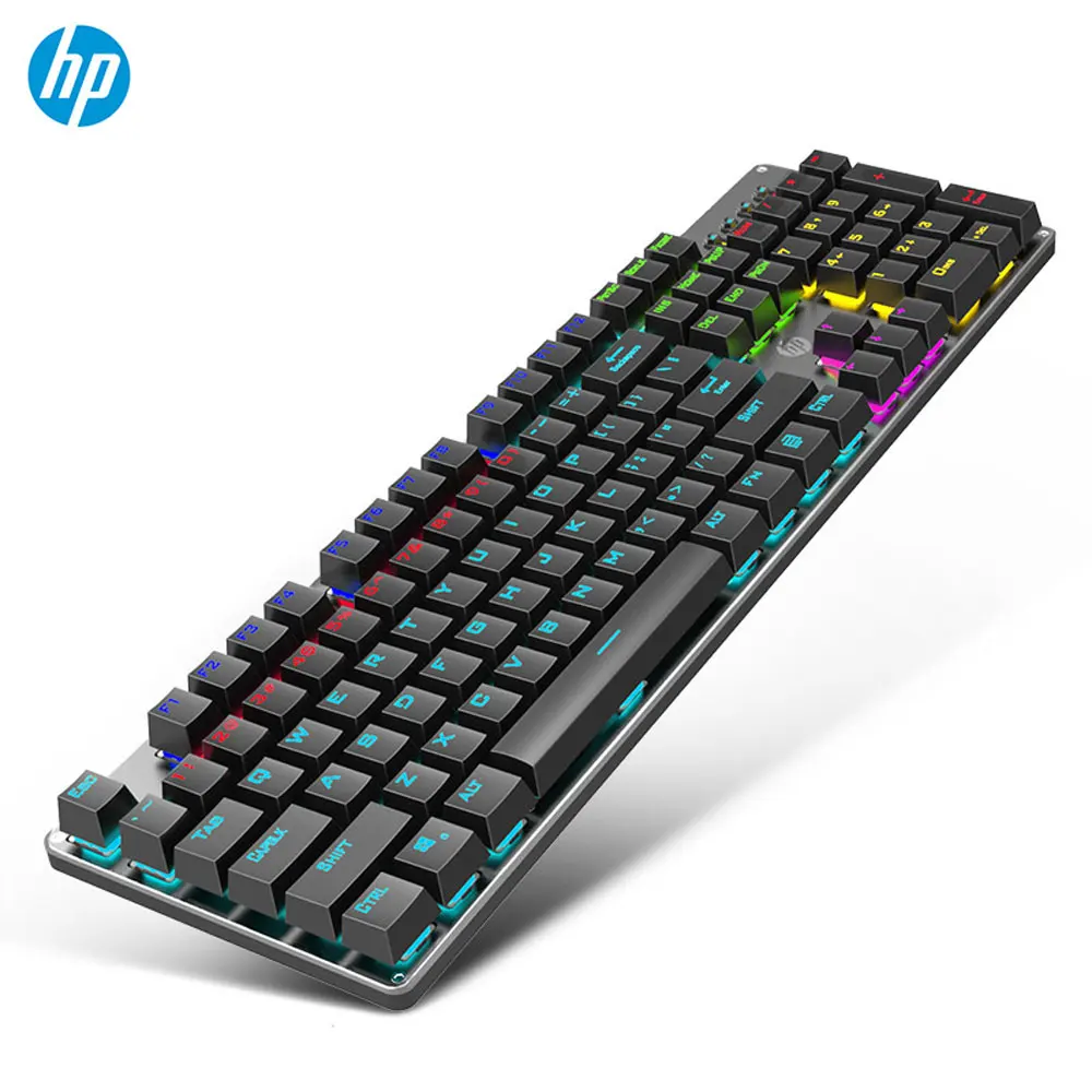 Hp GK100 Механическая игровая клавиатура с подсветкой, синий, красный переключатель, 104 клавиш, металлический цветной светодиодный компьютер с подсветкой, Проводная клавиатура для геймера