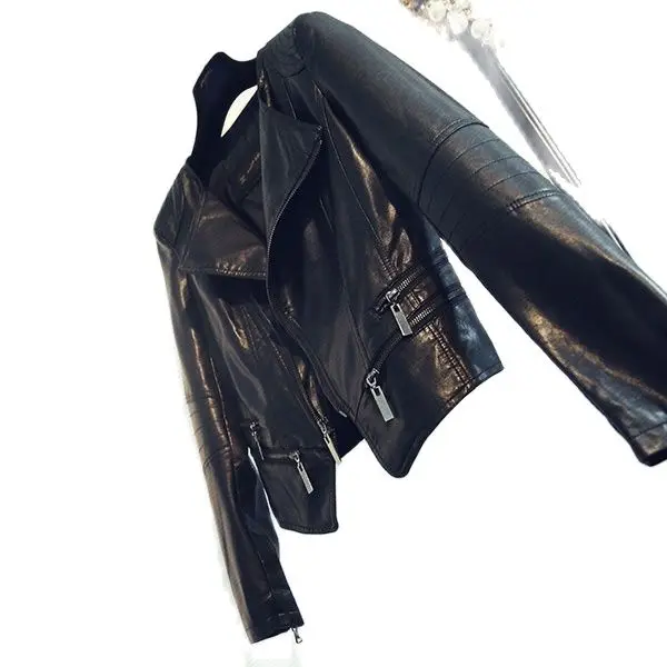 ZWTY Brand Spring Autumn Ladies Motorcycle Leather Jackets  Women Turn-down Collar Zipper Slim Black Moto & Biker Jacket