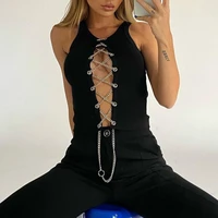 women tees tops club chest hollow out v neck 2021 new sexy bandage sleeveless white t shirts bodycon skinny female tops y2k
