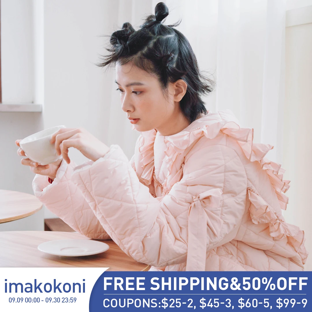 

imakokoni pink cotton dress lace slit solid color thick warm women's cotton coat autumn and winter jacket female 203205