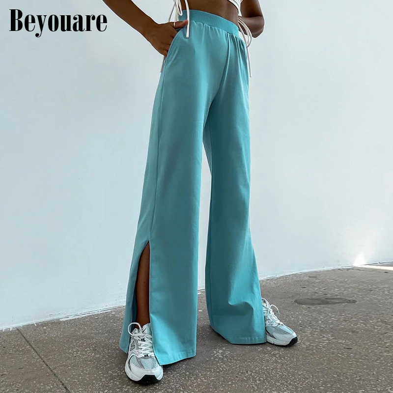 

Beyouare Women's High Waist Straight Pants Casual Vertical Feeling Floor Dragging Sweatpants Soft Wide Leg Split Trousers Autumn