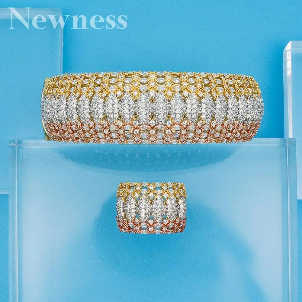 

Newness trendy Geometric bambo Bangle Ring Set For Women Accessories Full Cubic Zirconia Dubai Jewelry Set