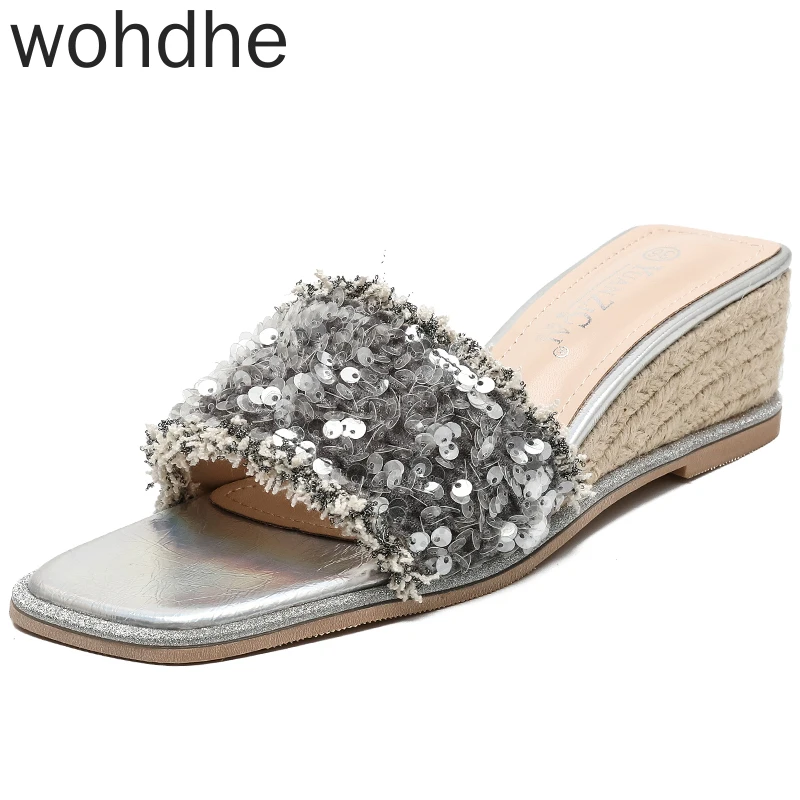 

Женские туфли с открытым носком, черные атласные туфли с блестками и стразами, на плоской подошве, лето 2020