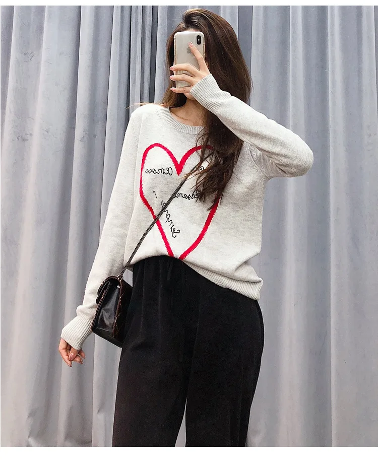 

High Qualityspring New Heavy Industry Embroidery Love Letter Jacquard Cashmere Sweater Women's Pullover Outer Wear Loose