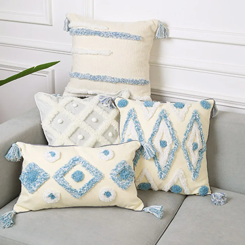

Blue Style Tufted Pillow case 45*45/30*50CM Tufted Throw Pillow Covers with Tassels Boho Car Cushion Covers