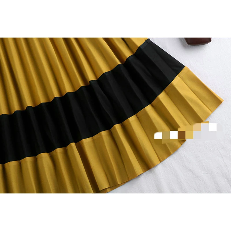 

Winter Korean Patchwork Elastic High Waist Skirt Female Pink Yellow Long Maxi Pleated Skirt Women Fashion 2021 Autumn
