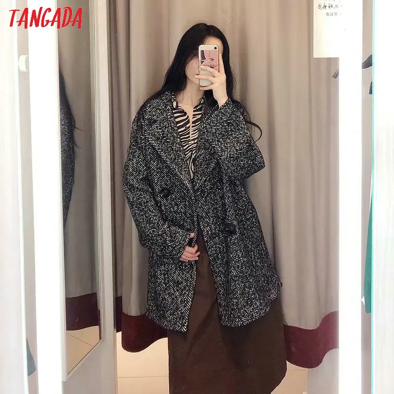 Tangada женское винтажное плотное длинное пальто на пуговицах зимнее элегантное офисное теплое пальто винтажная верхняя одежда с длинным рукавом 4M24