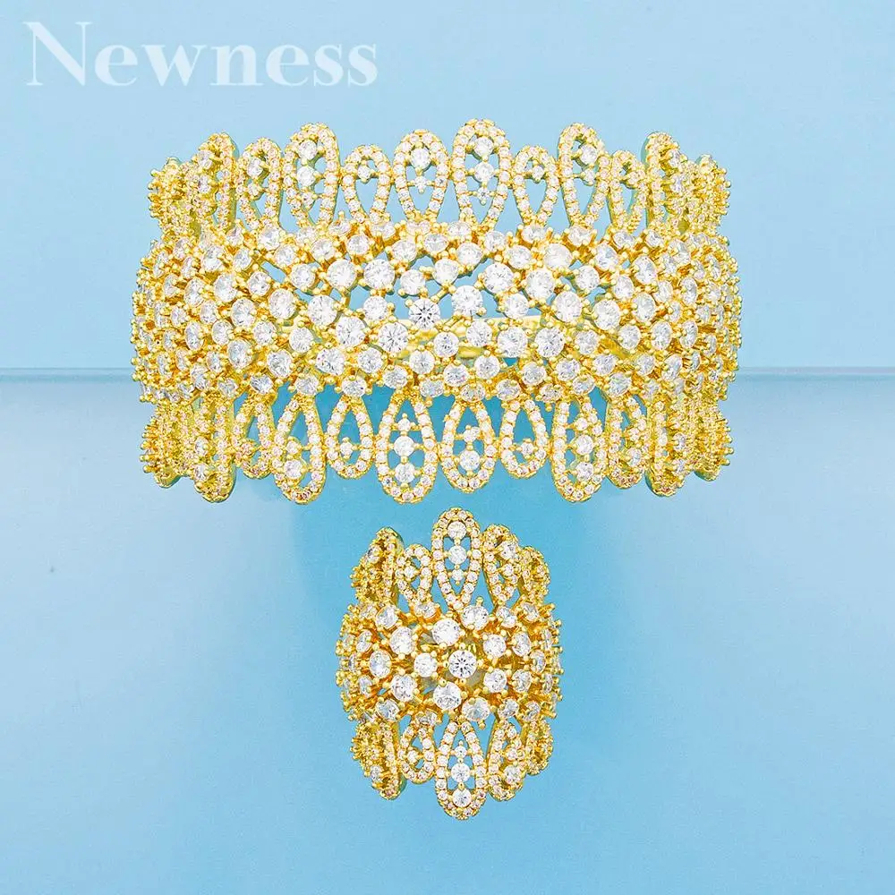 

Newness Luxury Saudi Arabia Bangle Ring Set For Women Full Micro Cubic Zircon Pave Party Wedding Saudi Arabic Dubai Jewelry Sets