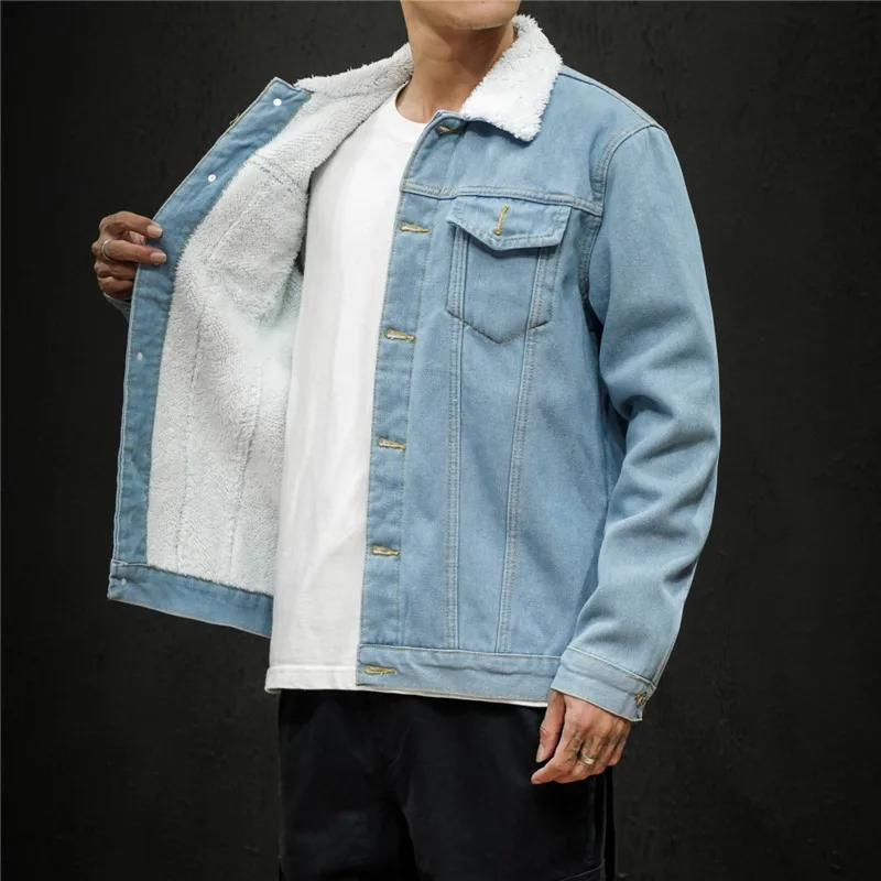 Plus Velvet Thick Denim Jacket Men's Slim Warm Fashion Casual Cotton Fur Collar Denim Jacket Man Streetwear Bomber Jacket Men