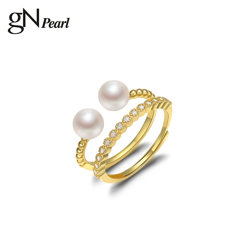 

gN Pearl Ring 5-6mm Real White Natural Sea Pearl Ring Adjustable Ring for Women Girls Gift A pair Ring