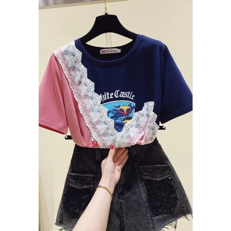 

Large women's 2021 summer new lace splicing short sleeve T-shirt fat mm top