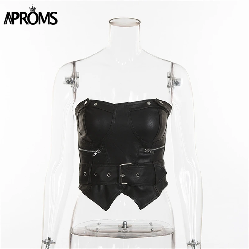 Aproms, сексуальные женские топы из искусственной кожи с открытыми плечами, осень, уличная одежда, бодикон, бюстье, короткий топ, 90 s, крутые, для девушек, черные, тройники