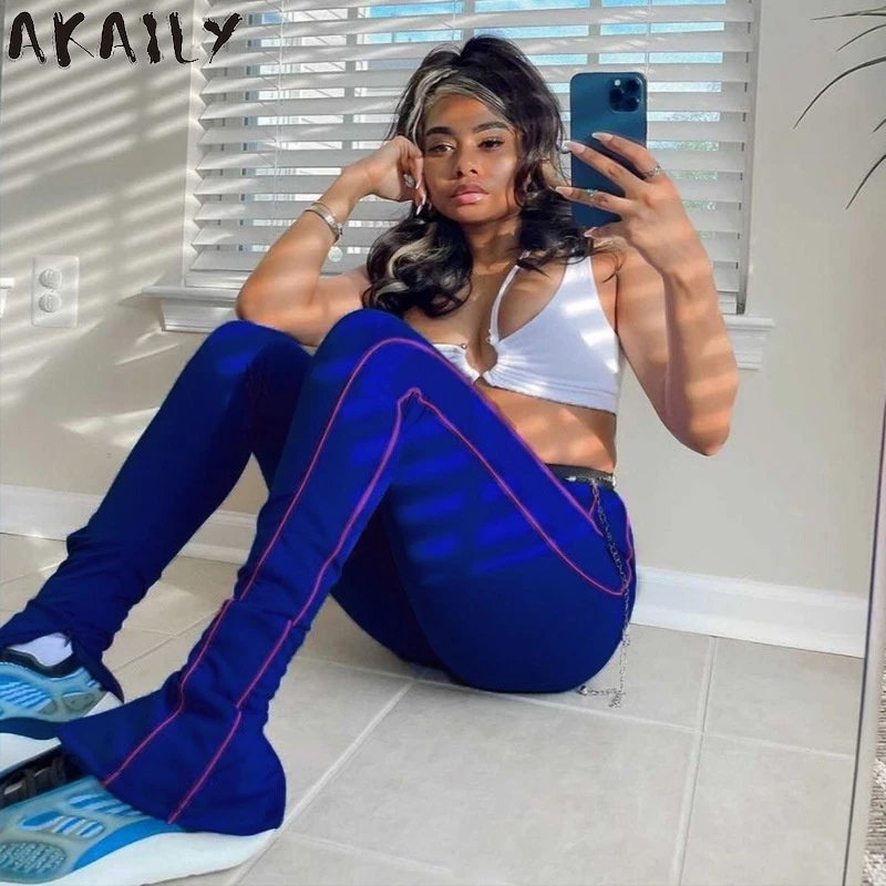 

Akaily Summer Solid Striped Wide Leg Pants Women Streetwear Skinny High Waist Flare Pants FemalBlack Casual Long Trousers 2021