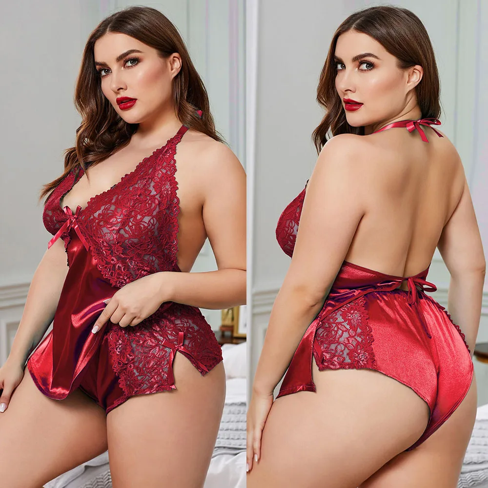 

SEBOWEL Sexy Plus Size Pajamas Sets Women Sheer Lace Satin Halterneck Cami Top Shorts Set Backless 2 Pieces Pajamas Suits